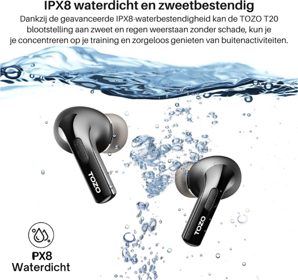 TOZO T6 Bluetooth hoofdtelefoon, draadloze in-ear hoofdtelefoon, touch- control, met draadloze oplaadcase, IPX8 waterdicht, bluetooth, geïntegreerde microfoon, premium diepe bass oordopjes voor sport