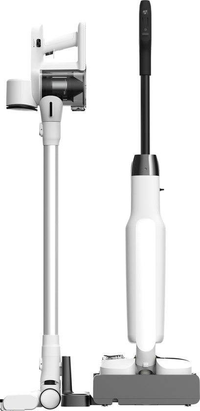 Witte Tineco vloerreiniger naast een witte Tineco steelstofzuiger, beide op hun oplader.