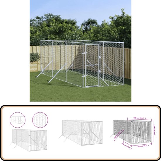 vidaXL Chenil - 2 x 6 x 2 m - Chenil en acier - Enclos extérieur - Niche pour chien - Acier galvanisé - Cage pour chien