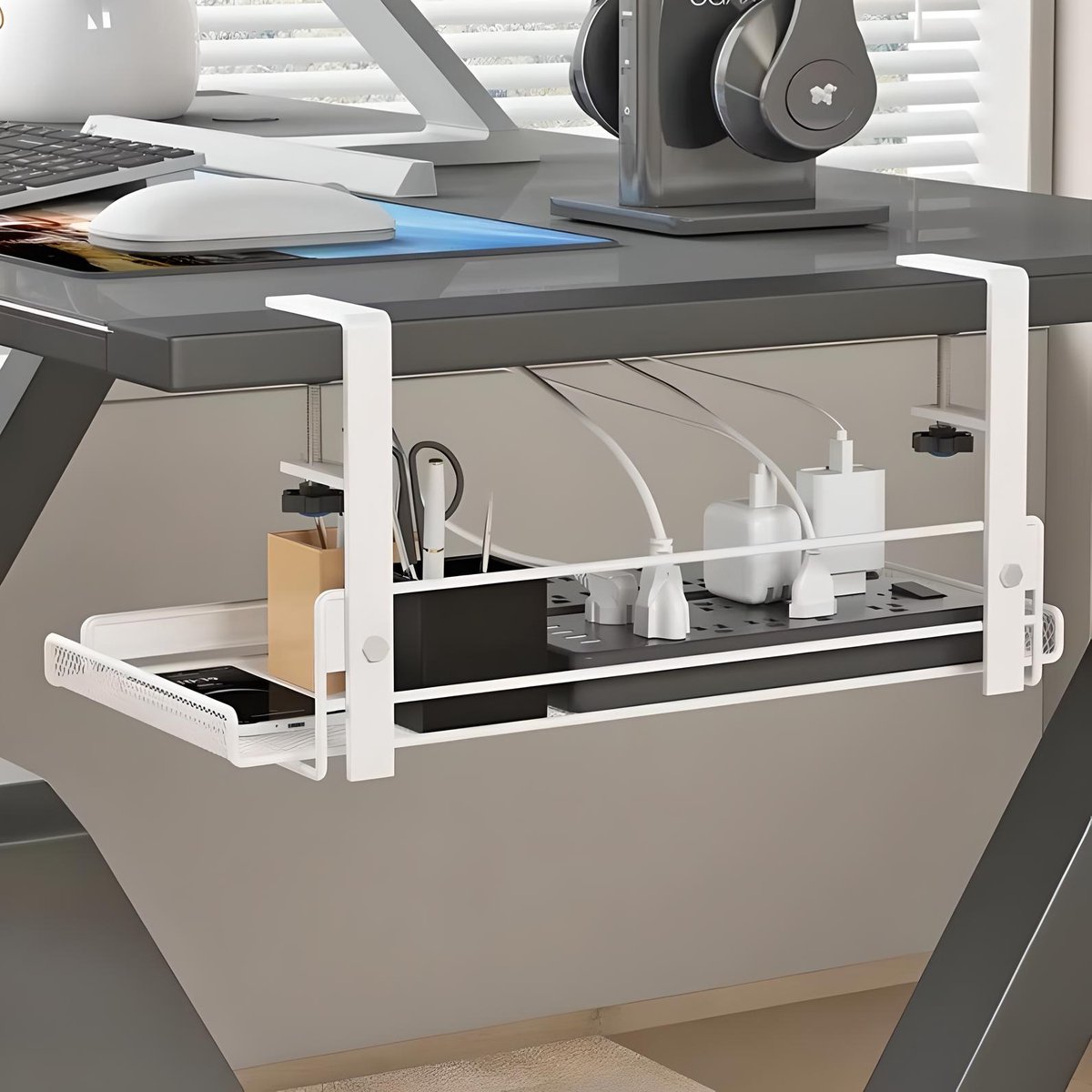 BlueTime - Metalen Bureau Kabelgoot - Kabel Management 27.5 cm - Kabelhouder - Boorloze en Lijm Vrije Installatie - Wit