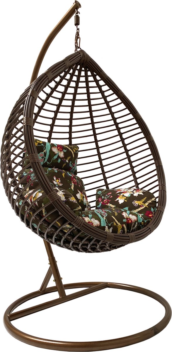 Rijoka Hangstoel Eggy Original Schommelstoel – Bruin Rattan - Dark Flower Kussen - XLarge - Voor personen 2.20m Max.
