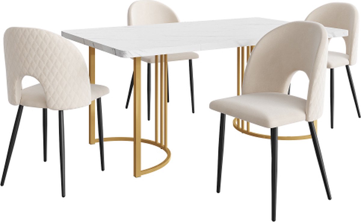 Gotagee Tafelset met 4 stoelen Beige fluwelen Eetkamerstoel Verstelbare stoelpoten Keukentafelset met MDF tafelblad in wit Gouden tafelpoten