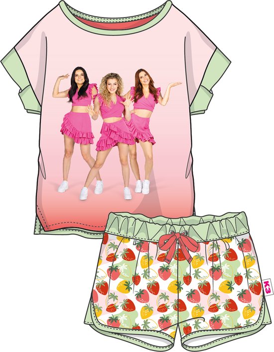 Pyjama court rose avec imprimé K3 sur le t-shirt et imprimé fraises sur le short. Bordures vert clair.