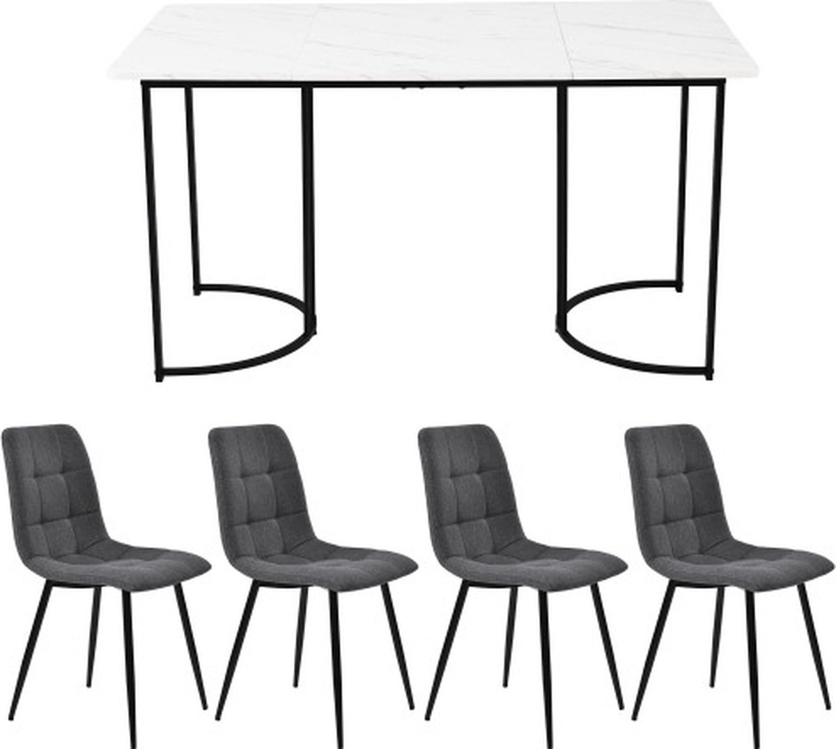 Gotagee Eetset (5-delig) Eettafel met 4 stoelen set Donkergrijs Linnen Eetkamerstoelen Keukentafelset met zwarte metalen poten MDF tafelblad in wit