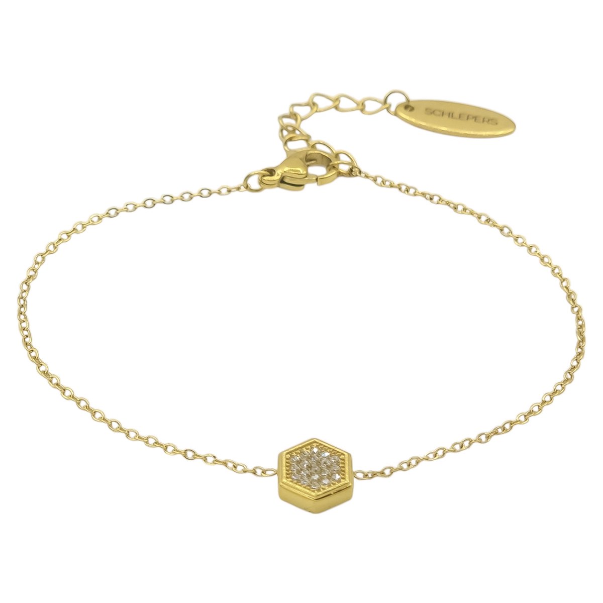Goudkleurige Dames Armband – Hexagon Design – Verstelbaar 18 + 3 cm – CZ Steentjes – Verguld Premium Staal – Minimalistisch Cadeau