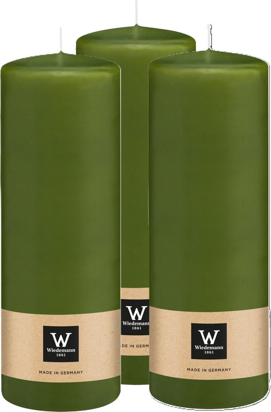 Bougie cylindrique/pilier Wiedemann - 3x - vert olive - 20 x 7 cm - 103 heures de combustion - Bougies piliers