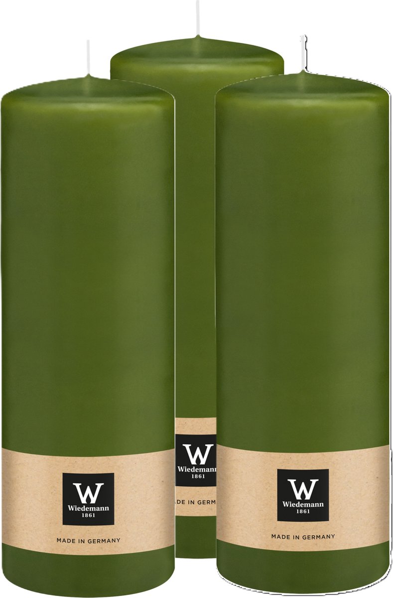 Wiedemann Cilinderkaars/stompkaars - 3x - olijfgroen - 20 x 7 cm - 103 branduren - zuilkaarsen Olijf groen