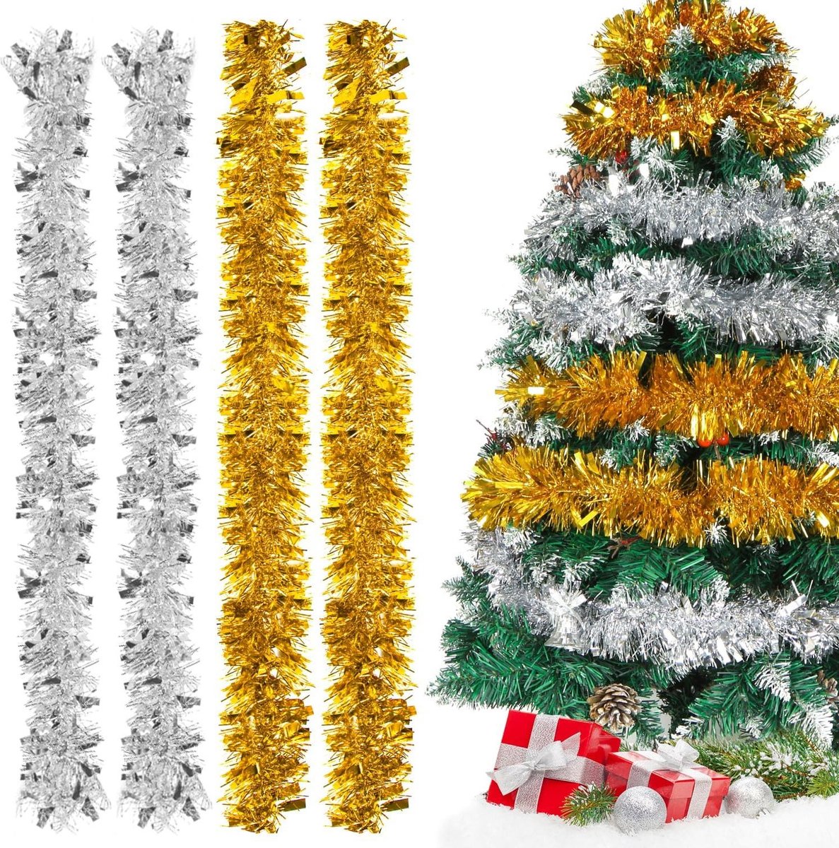 Gouden en Zilveren Lametta Kerstguirlande van 8 meter voor Binnen en Buiten