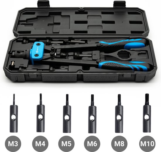 ToolLine blindklinkmoertang en zes maten blindklinkmoeren (M3-M10) in een stevige zwarte opbergkoffer.