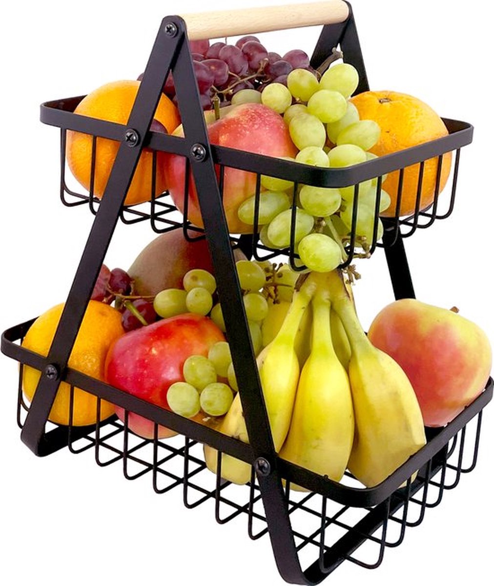 Fruitmand 2 Laags - Fruitschaal Etagére voor Keuken - Draadmand Zwart