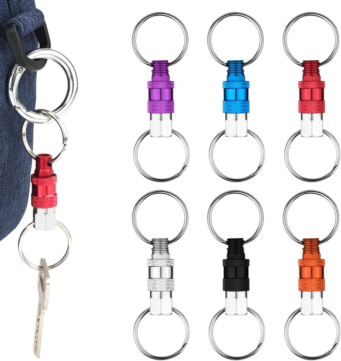 Image of 6-Pack Uit Elkaar te Halen Sleutelhanger-Snelsluiting-Aluminium-2 Splitringen-Tractiebelangrijke Accessoires .