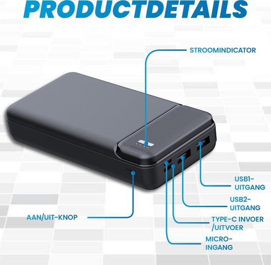 Grijze powerbank met poorten, knoppen en "Stroomindicator" tekst. Details: "USB1-uitgang, USB2-uitgang, Type-C invoer/uitvoer, Micro-ingang, Aan/uit-knop".