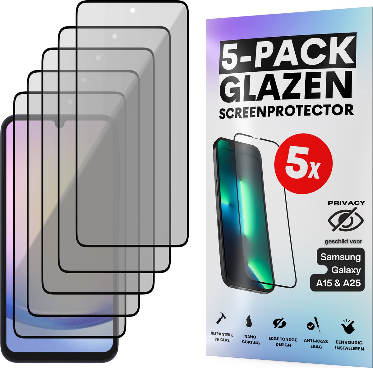 Privacy Screenprotector - Geschikt voor Samsung Galaxy A15 / A25 - Gehard Glas - Full Cover Tempered Privacy Glass - Case Friendly - 5 Pack