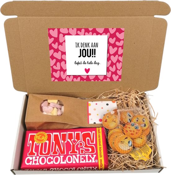 Valentijn brievenbus chocolade cadeau - Ik denk aan jou - Tony chocolonely - emoji chocolade - hartjes - brievenbus cadeau