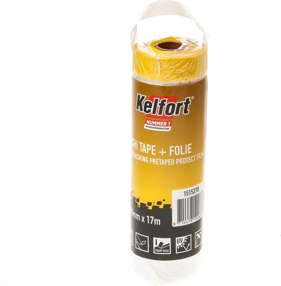 Gele Kelfort rol afplakfolie met tekst 'NUMMER 1', 'MASKING PRETAPED PROTECT FILM' en '550mm x 17m'.