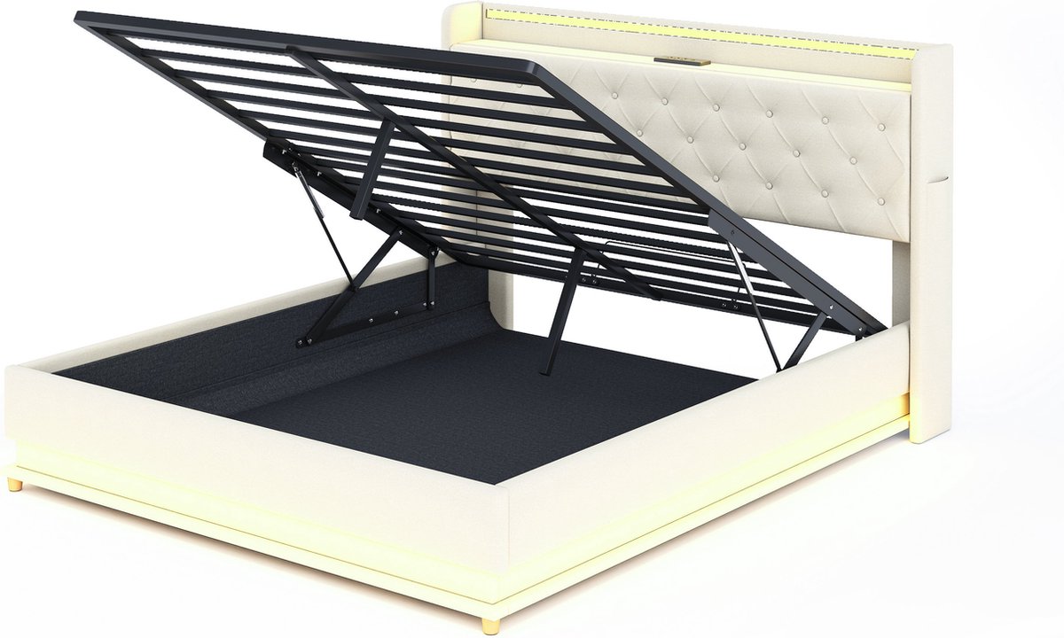 Merax Gestoffeerd Bed met LED Verlichting - USB-lader en Hydraulische Opbergruimte – 160x200 cm – Beige – Linnen