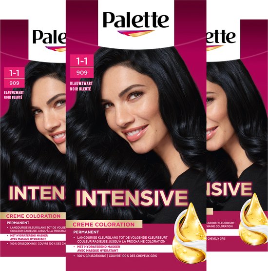 Drie dozen 'Palette Intensive 1-1 909 Blauwzwart Noir Bleuté' met model en haar. Tekst 'INTENSIVE Creme Colloration'.