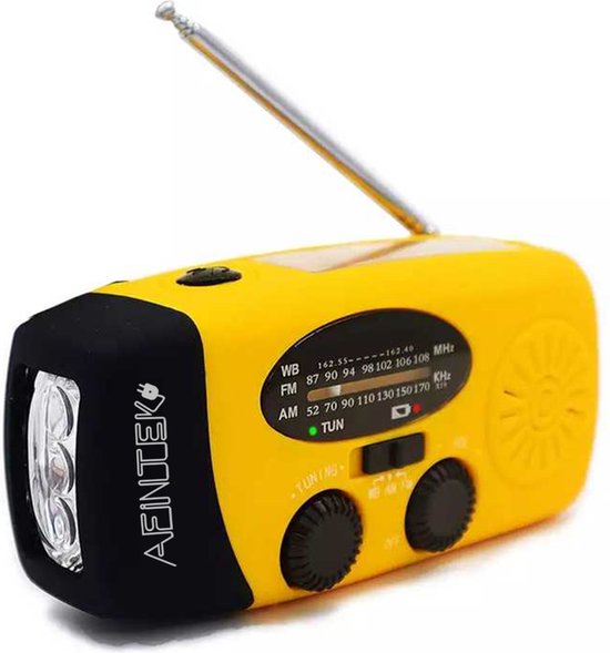 AFINTEK Noodradio Op Batterijen - Voor Rampen - Voor Camping - Powerbank - Solar - Geel
