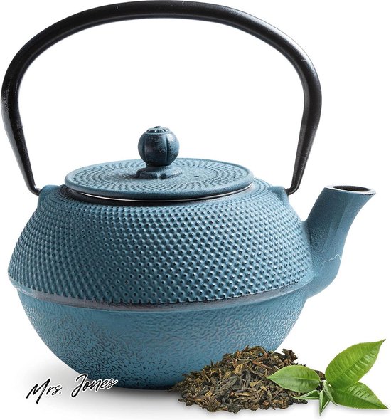 Foto: Mrs jones teal v theepot gietijzer 11 liter arare in japanse stijl met uitneembare roestvrijstalen theezeef blauw binnenzijde volledig ge mailleerd thee blijft langer warm 