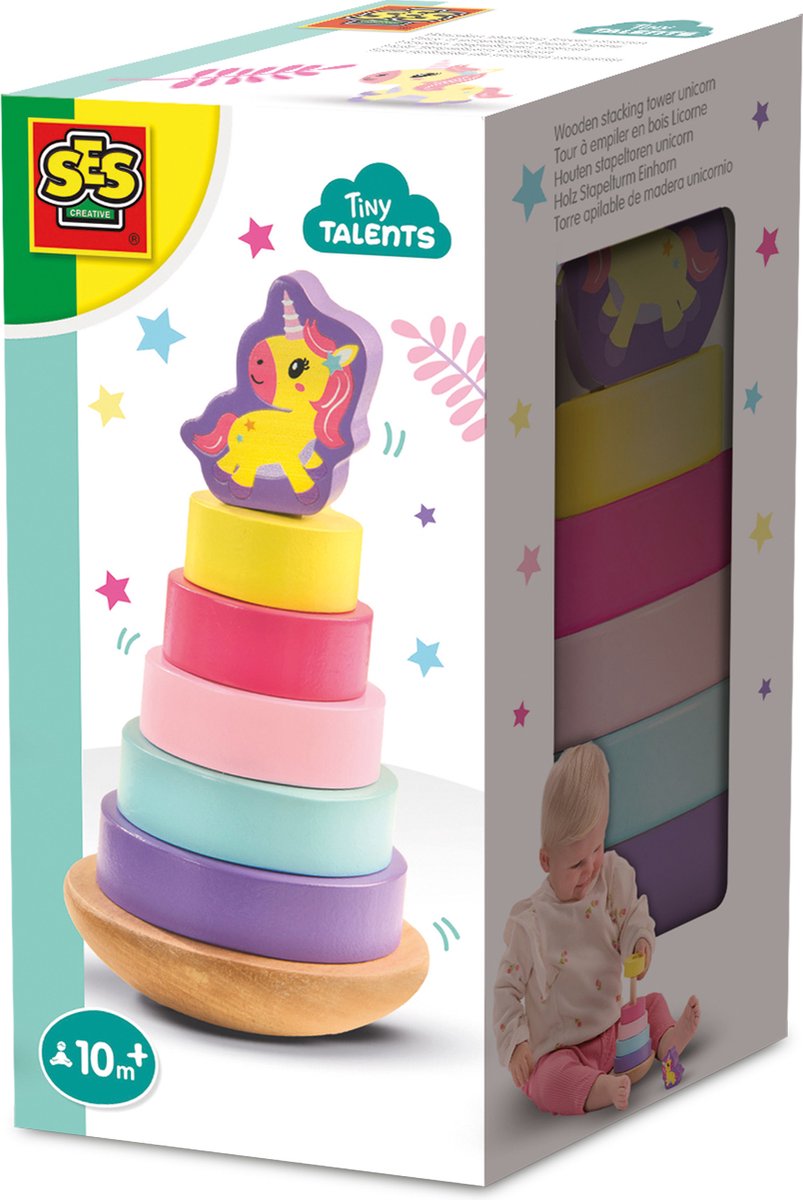 SES Creative - Tiny Talents - Houten Stapeltoren Eenhoorn - motoriek speelgoed - kleurrijk stapelen - leert vormen en kleuren - houten speelgoed - eenhoorn thema - baby educatief speelgoed