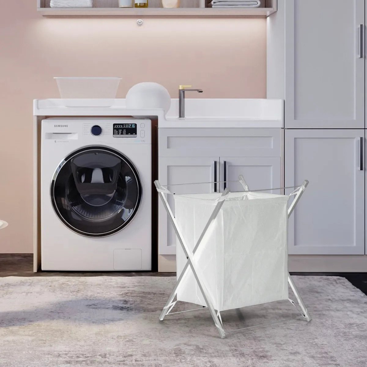 Wasmand - Wit - Industrieel/Modern - Wasmand op Poten - Metaal - Opvouwbaar - Wasverzamelaar