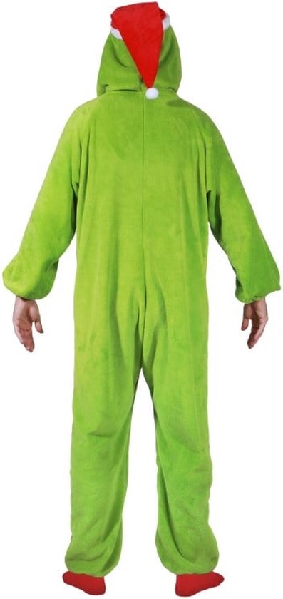 Achterkant van een man in een groene The Grinch onesie met een rode kerstmuts aan de capuchon.