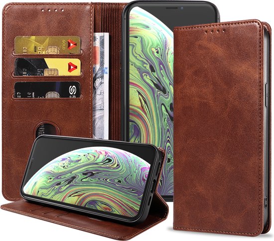 Coque iPhone X en Cuir Marron Foncé - Coque iPhone X en Cuir de Luxe avec Fermeture Magnétique Marron Foncé - Etui Bookcase en Cuir Marron Foncé Avec Porte-Cartes Pour iPhone X - Smartphonica