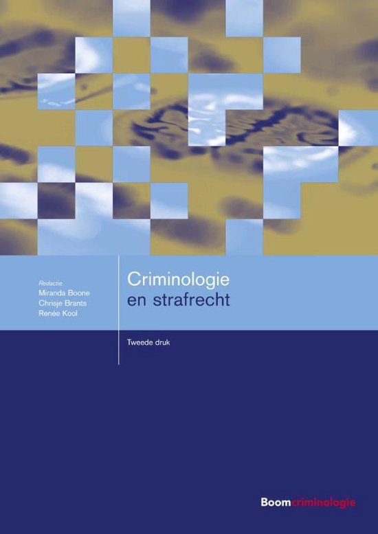 Boekomslag met de titel 'Criminologie en strafrecht', met een abstracte grafische achtergrond van blauwe en gele vierkanten en blauwe vormen.