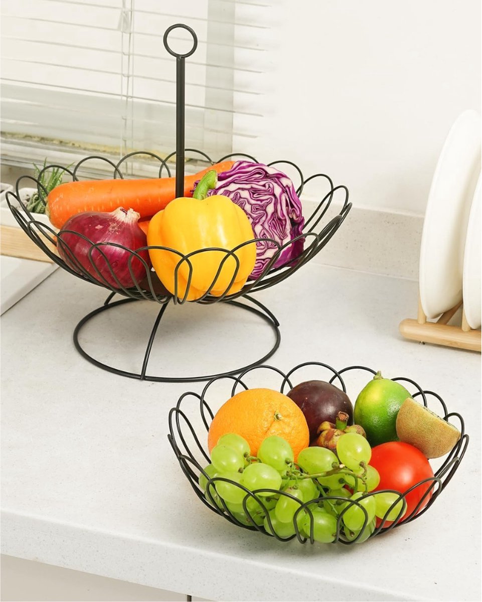 Corbeille Fruits 2 Niveaux Métal Noir - Panier à Fruits Et Légumes 2 Étages Avec Poignée Bois Corbeille Fruits 2 Niveaux Métal Noir - Panier à Fruits Et Légumes 2 Étages Avec Poignée Bois