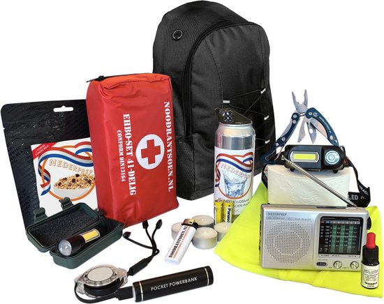 Noodrantsoen® Noodpakket Denk Vooruit voor Thuis Overheid – Overlevingspakket Oorlog Stroomuitval – Noodradio, EHBO-kit, Powerbank, Zaklamp, Nooddeken, Noodfluit, Veiligheidshesje, Noodwater, Jodium – 16-delig Survivalset Rampenrugzak