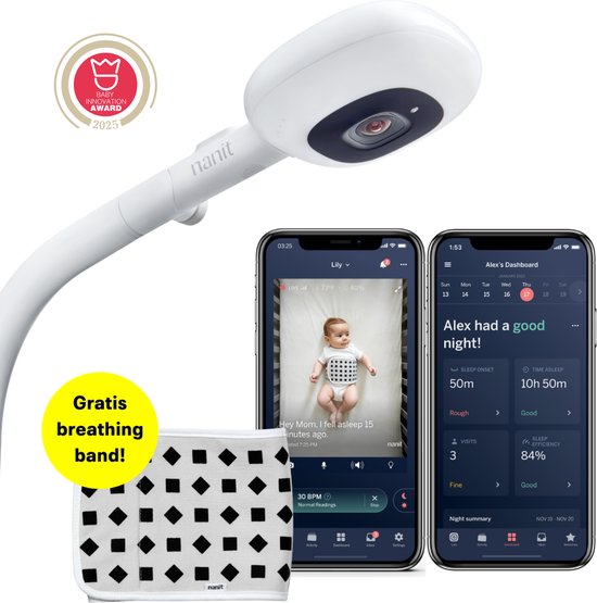 Nanit Pro Camera Babyfoon + vloerstandaard - Premium babyfoon met camera en app - 30+ Awards - Slaapstatistieken - Ademhalingsbewaking