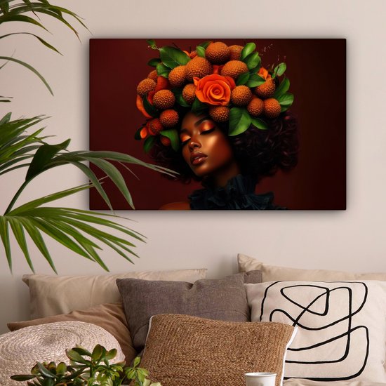 Canvas schilderij 60x40 cm - Exclusieve wanddecoratie Vrouw - lychee - exotisch - Muurdecoratie woonkamer - Slaapkamer decoratie - Kamer accessoires - Schilderijen op canvas