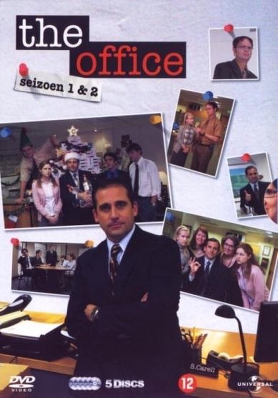 DVD hoes van The Office seizoen 1 & 2 met Michael Scott op de voorgrond. Diverse scènes met castleden.