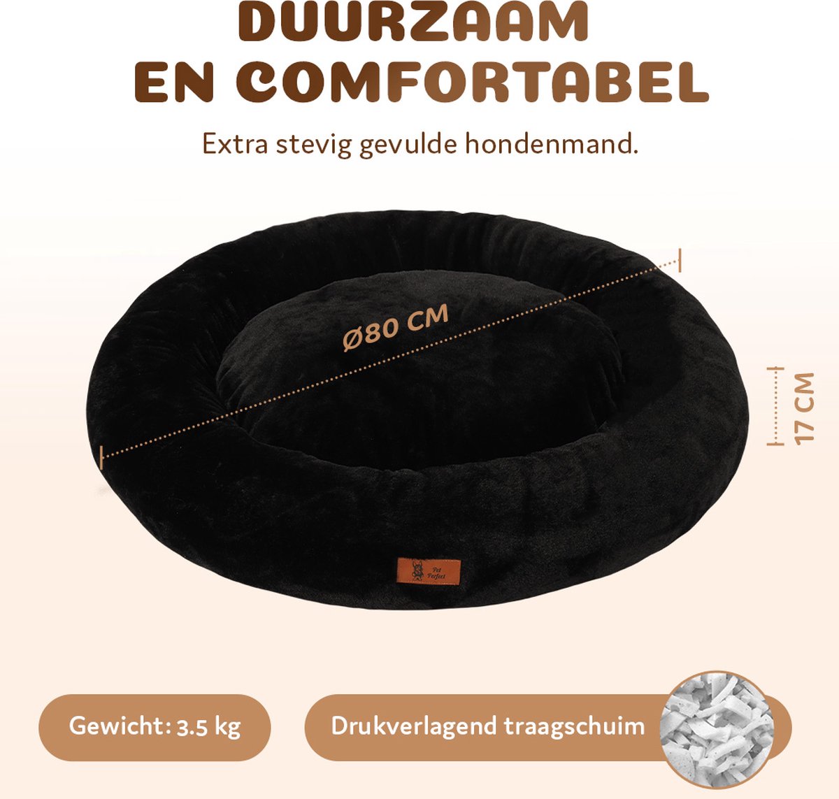 Pet Perfect Orthopedische Hondenmand – Donut Hondenmand – Hondenkussen – Hondenbed – Wasbaar - 80 cm - Zwart thumbnail 4