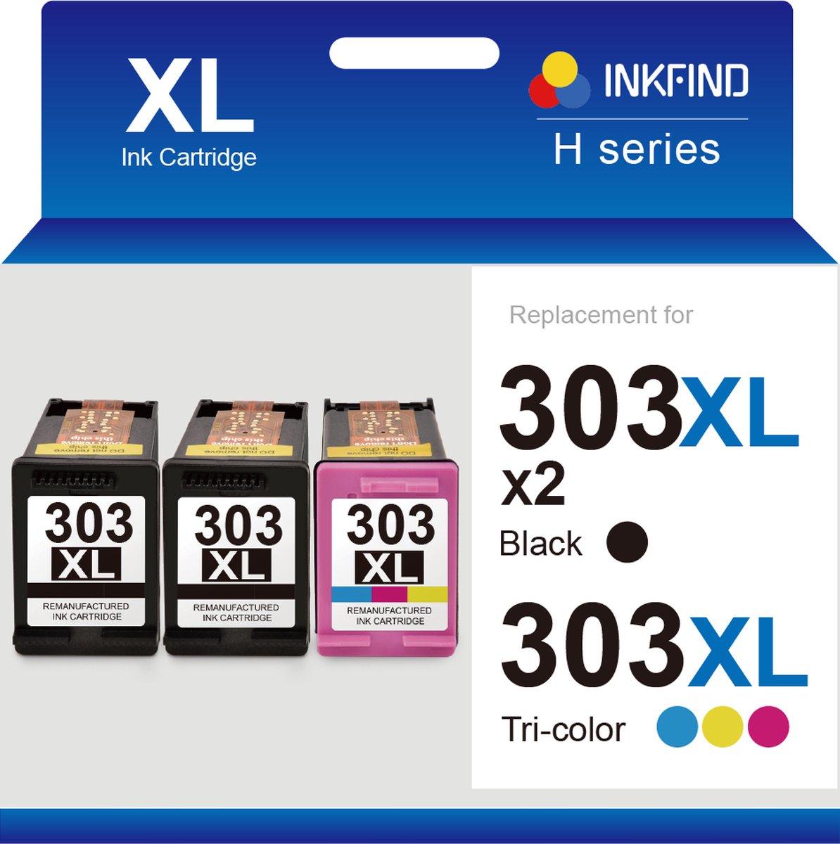 INKFIND 303XL Geschikt voor HP303 HP 303 HP303XL HP 303XL T6N04AE T6N03AE Inktcartridge - Hoge Capaciteit 3-pack (Zwart x 2 en Kleur x 1)
