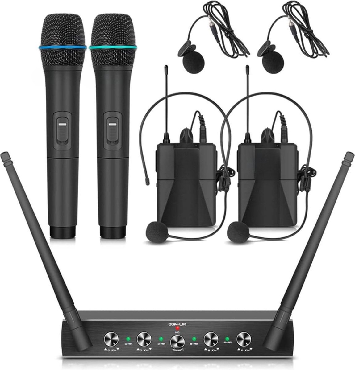 Audio Pro UHF 4 Kanaals Draadloos Microfoonsysteem Met Draadloze Lavalier Headsets Handmicrofoons Metalen Ontvanger Ideaal Voor Karaoke en Kerkfeest Met 2 Handmicrofoons en 2 Bodypacks B