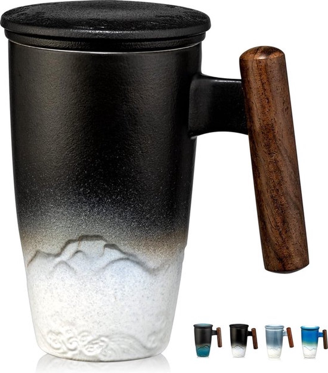 Tomotime keramische theekop met zetgroep en deksel theemok met houten handvat 400 ml zwart