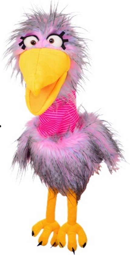 Levendige handpop met grijze en roze veren, grote gele snavel en roze gestreepte nek.