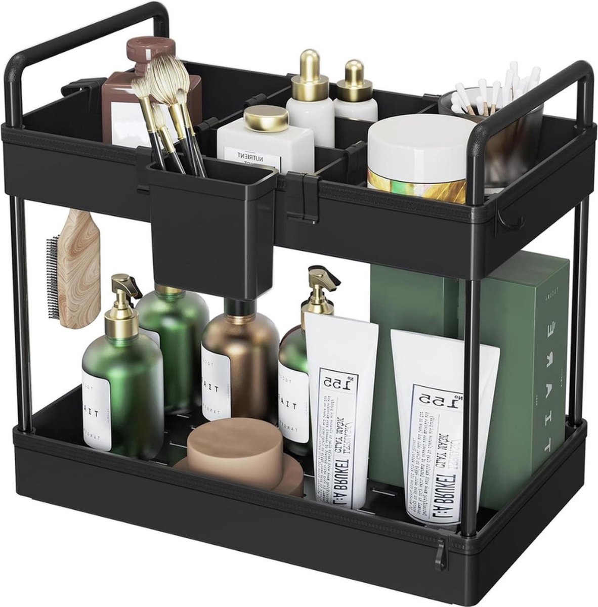 2-verdiepingen onder-gootsteen-organizer met scheidingswanden - opbergrek 34 x 22 x 39 cm zwart