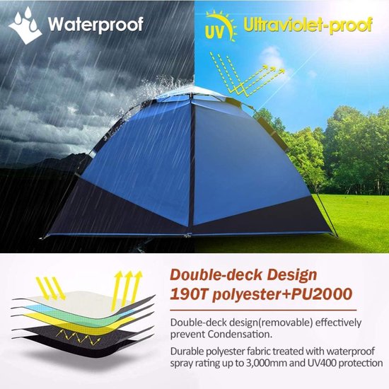 Waterdichte tweede tent voor 3-4 personen, kampeertent, koepeltent, werptent met quick-up-systeem, 2 deuren, dubbelwandige tent voor snelle montage, festivalpop-uptent voor kamperen, reizen, strand, wandelen van Merkloos — afbeelding 4