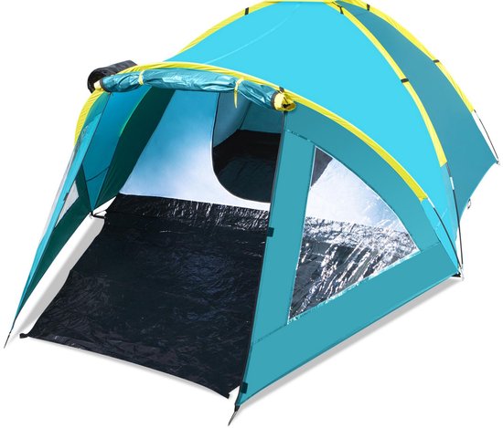Een turquoise tent met gele accenten, een grote opening met transparante ramen en een zwarte grondzeil.