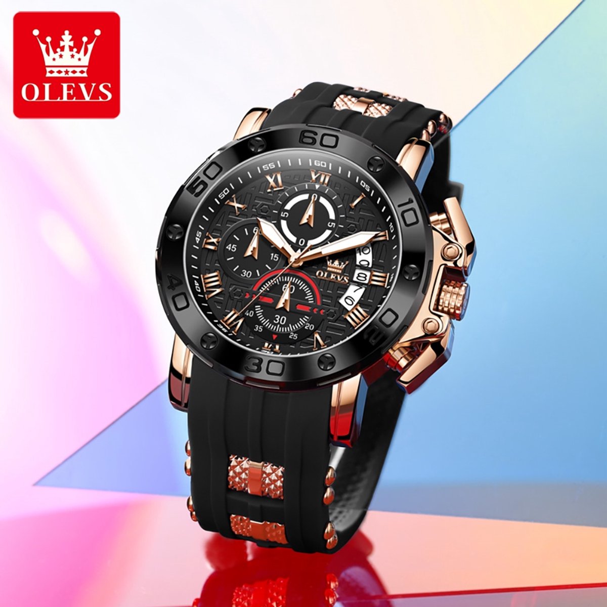 HO-9986.zw-g : OLEVS BRUUT edelstalen quartz horloge, goudkl kast, zwart siliconenband wijzerplaat, kalenderdag, seconden, minuten, 10de seconden - aanduiding
