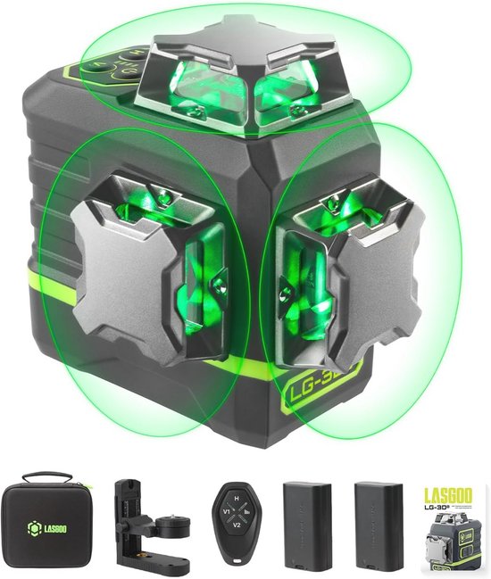 Kruislijnlaser Groene 30M Laserniveau Lijnlaser Zelfbalancerende Laserwaterpas MESTEK Horizontaal Verticaal Dubbele Lasermodule 360° Draaibare met Magnetisch Houder AA-batterijen Beschermtas