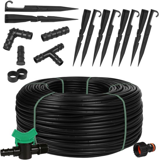 Foto: Watermill drip systeem druppelslang druppelbuis zwarte druppelleiding voor besproeien van bloemperken en plantrijen waterbesparing 16mm 1 6 lph druppelafstand 33 cm 25m accessoire