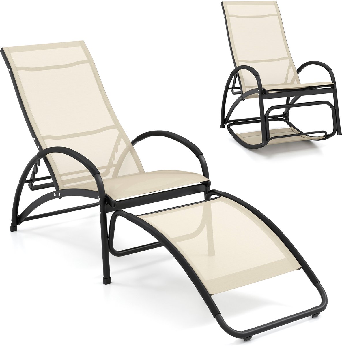 COSTWAY 2-in-1 zonnestoel, converteerbare schommelstoel met verstelbare rugleuning en gebogen armleuningen, ligstoel met aluminium frame, ligstoel voor terras, tuin, zwembad (beige)