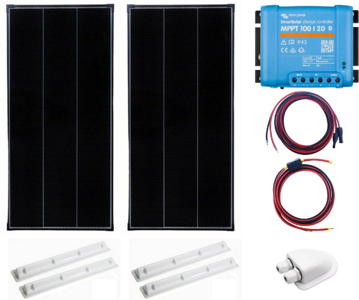 Bluetooth Set Zonnepaneel 230Wp Caravan, Camper, Boot, Tent - MPPT Victron Energy laadregelaar 100/20 - Zonnepaneel Compleet Pakket - Kabel met connectoren - Plug-Play set schematische tekening en handleiding-Monokristallijn
