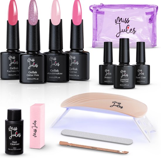 Miss Jules - 4-Delige Gellak Starterspakket - Gellak - Nagellak - Kleur Roze, Paars & Glitter - HEMA & TPO Free - Glanzend & Dekkend resultaat