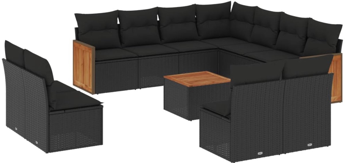 The Living Store 12-delige Loungeset met kussens poly rattan zwart - Tuin Lounge Set - Loungebank - Buitendecoratie - Outdoor Furniture - Garden Sofa