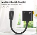 Zwarte Xtabarya USB-C naar dubbele poort adapter met lightning en hoofdtelefoon symbolen.