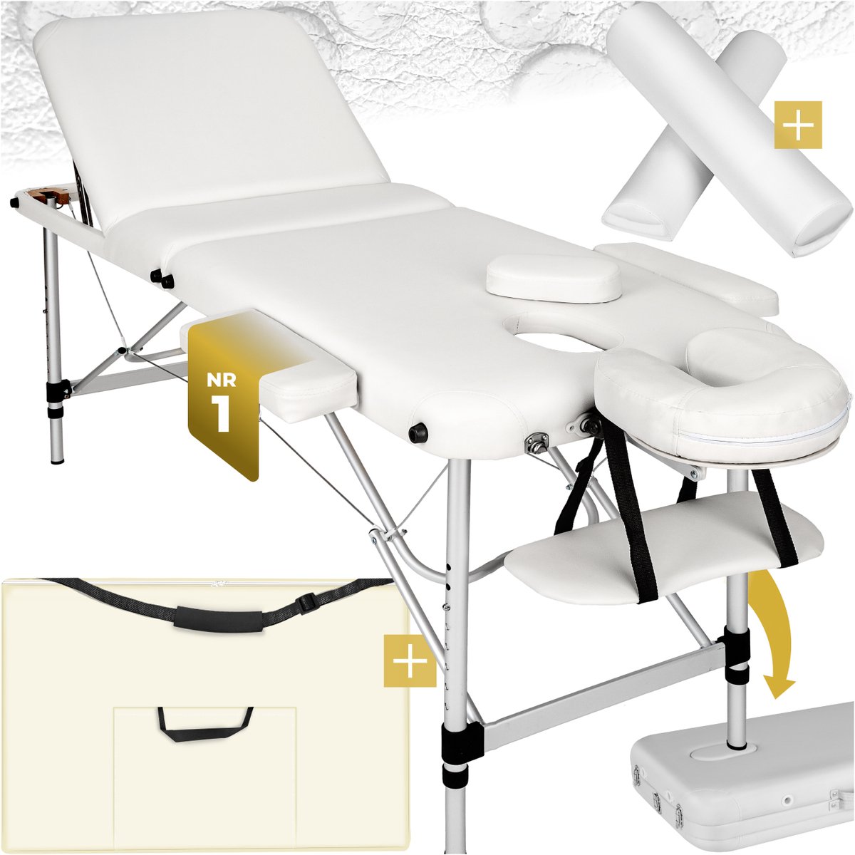 Goedkoopste tectake® 3-zone-massagetafel - Draagvermogen tot 220 kg - Mobiele massagebank - Set met rolkussens - Aluminium frame - Behandelbank - Inclusief draagtas - Cosmetische stoel - In hoogte verstelbaar - Afmeting (LxBxH) 210 x 95 x 63 - 89 cm - Wit